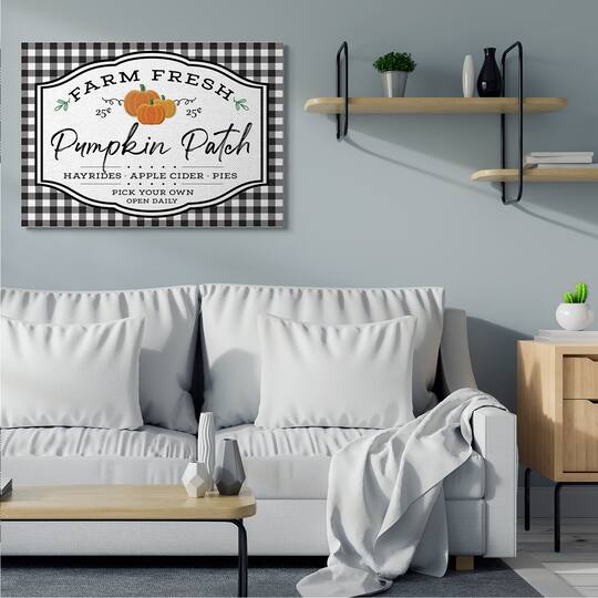 Stupell Industries Farm Fresh Pumpkin Patch Sign Black Checkered Plaid Canvas Wall Art